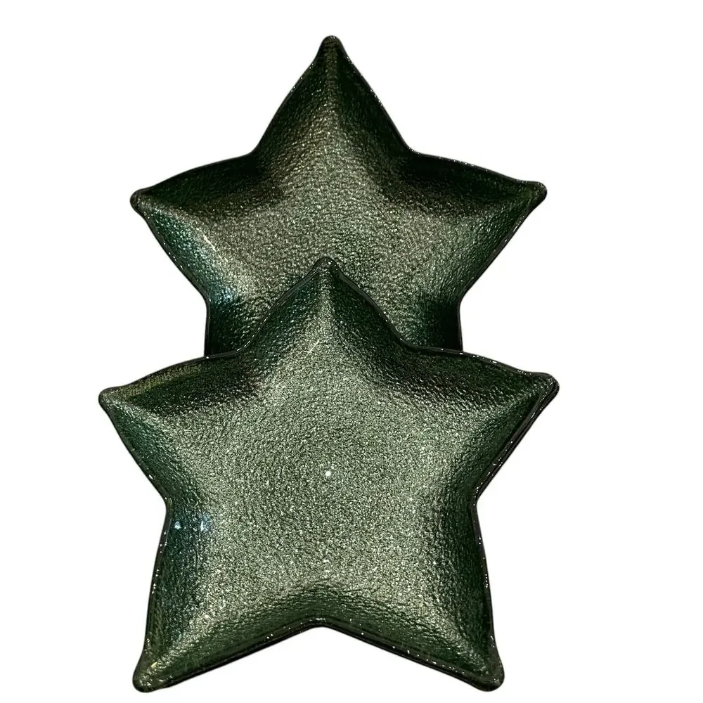 Akcam Green Glitter Star Shaped Glass Christmas Appetizer Plates 7
